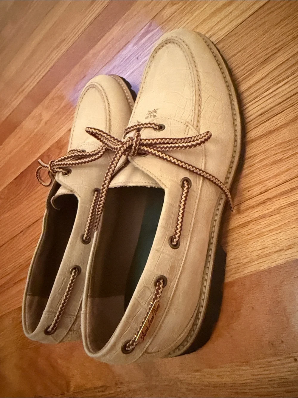 Aime Leon Dore Beige Croc-Embossed Boat Shoes with Brown Braided Laces